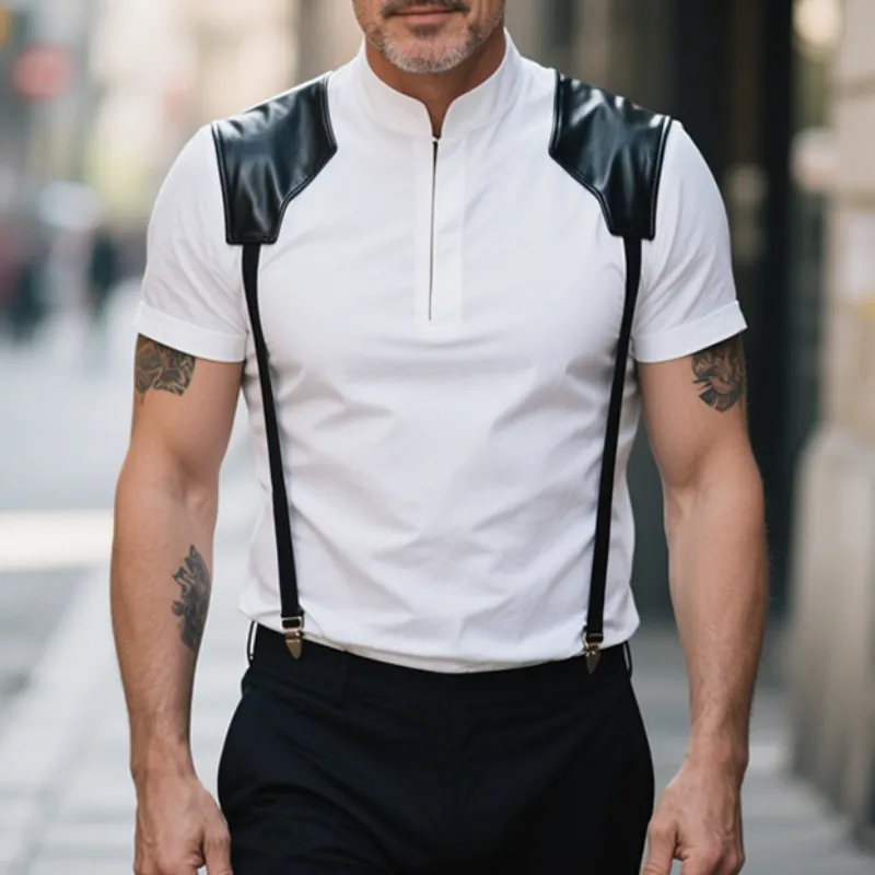 Men's Retro Casual Classic Leather Suspenders Zipper Stand Collar Short Sleeve Shirt MTA1320E5TO sold by Manly product image thumbnail 3