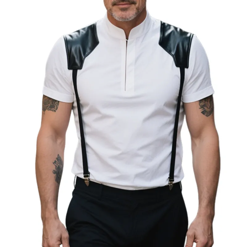 Men's Retro Casual Classic Leather Suspenders Zipper Stand Collar Short Sleeve Shirt MTA1320E5TO sold by Manly