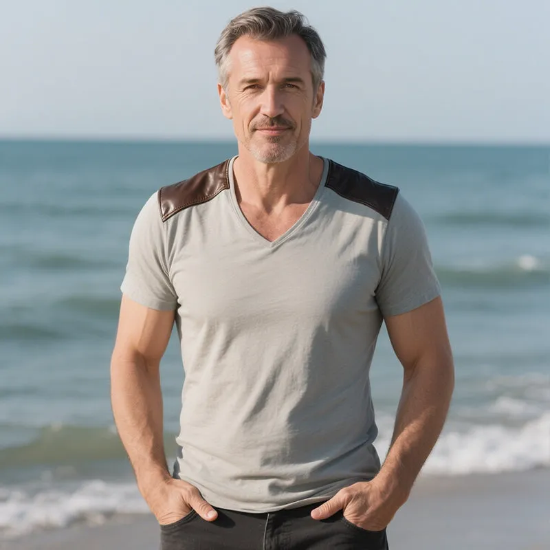 Men's Retro Casual Classic Leather Stitching V-neck Short Sleeve T-shirt MTA1308E3TO sold by Manly product image thumbnail 3