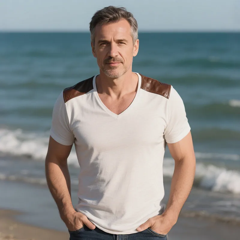 Men's Retro Casual Classic Leather Stitching V-neck Short Sleeve T-shirt MTA1308E3TO sold by Manly product image thumbnail 2