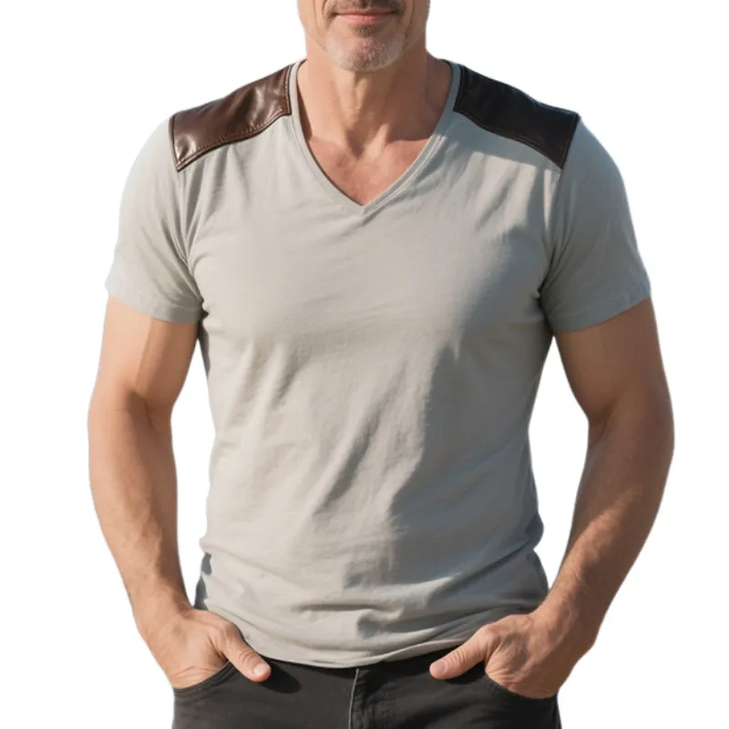 Men's Retro Casual Classic Leather Stitching V-neck Short Sleeve T-shirt MTA1308E3TO sold by Manly