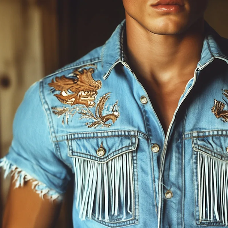 Men's Western Cowboy Style Embroidered Tassel Denim Short Sleeve Shirt MTA1426E5U sold by Manly product image thumbnail 3