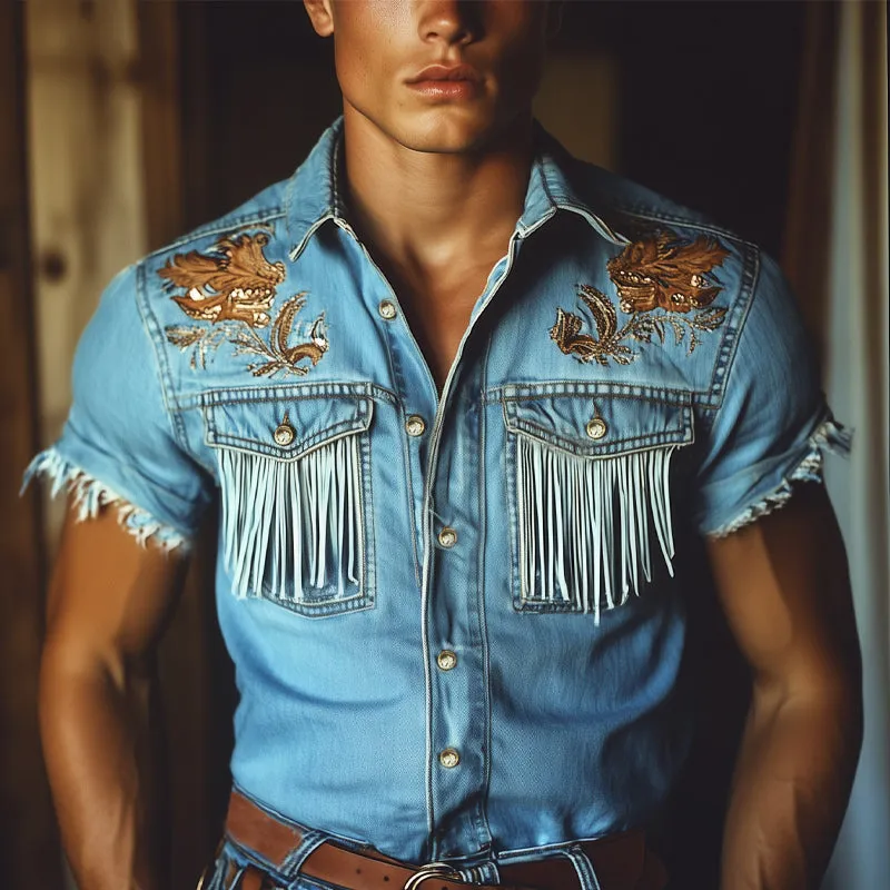 Men's Western Cowboy Style Embroidered Tassel Denim Short Sleeve Shirt MTA1426E5U sold by Manly product image thumbnail 2