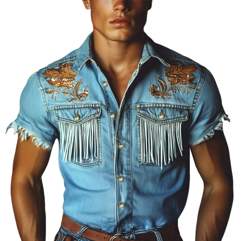 Men's Western Cowboy Style Embroidered Tassel Denim Short Sleeve Shirt MTA1426E5U sold by Manly
