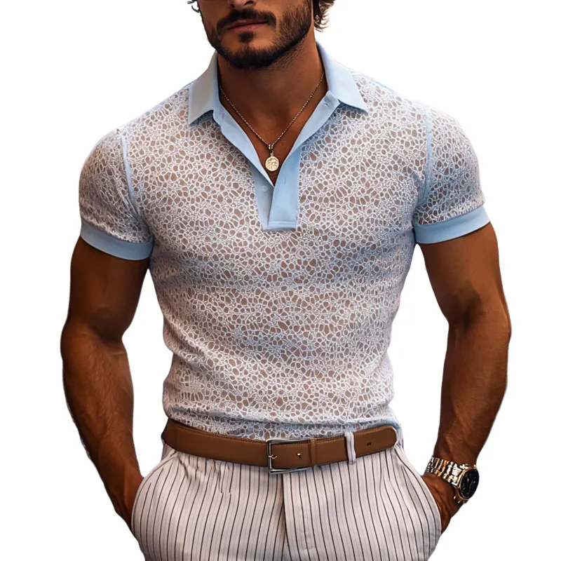 Men's Fashion Lace Lapel Short Sleeve Polo Shirt MTA1479E6Z sold by Manly
