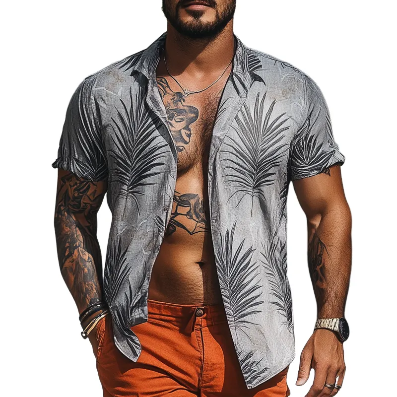 Men's Fashion Coconut Leaves Lapel Short Sleeve Casual Shirt MTA1491E6Z sold by Manly