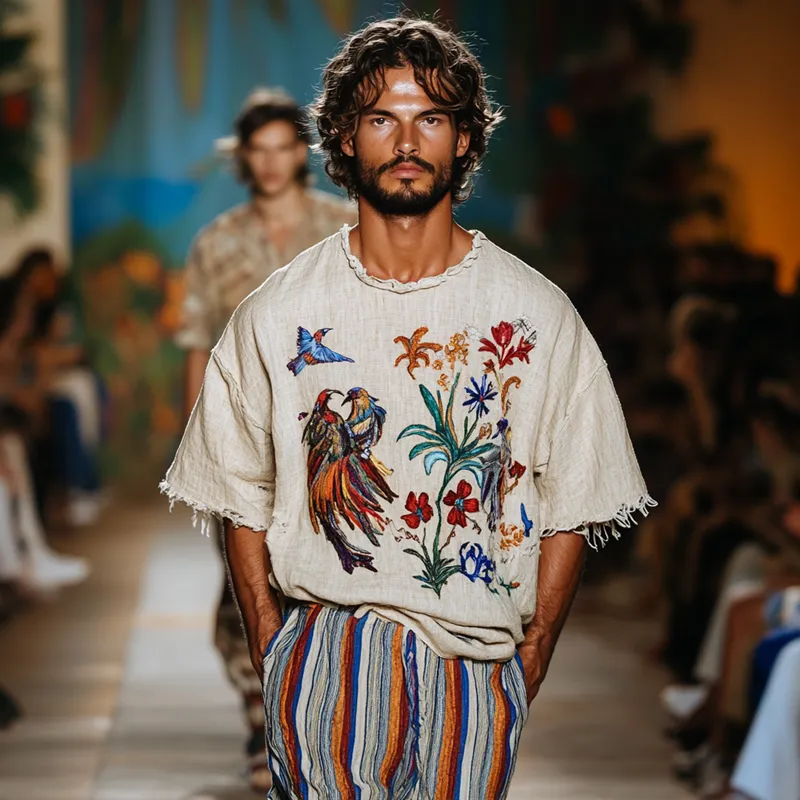 Men's Fashion Embroidered Round Neck Short Sleeve Cotton And Linen T-shirt MTA1478E7Z sold by Manly product image thumbnail 4