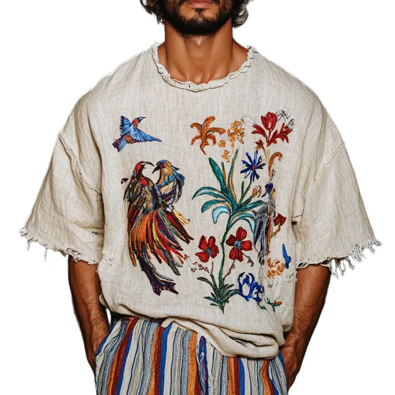 Men's Fashion Embroidered Round Neck Short Sleeve Cotton And Linen T-shirt MTA1478E7Z sold by Manly