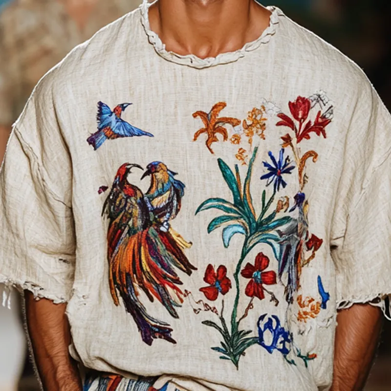 Men's Fashion Embroidered Round Neck Short Sleeve Cotton And Linen T-shirt MTA1478E7Z sold by Manly product image thumbnail 3