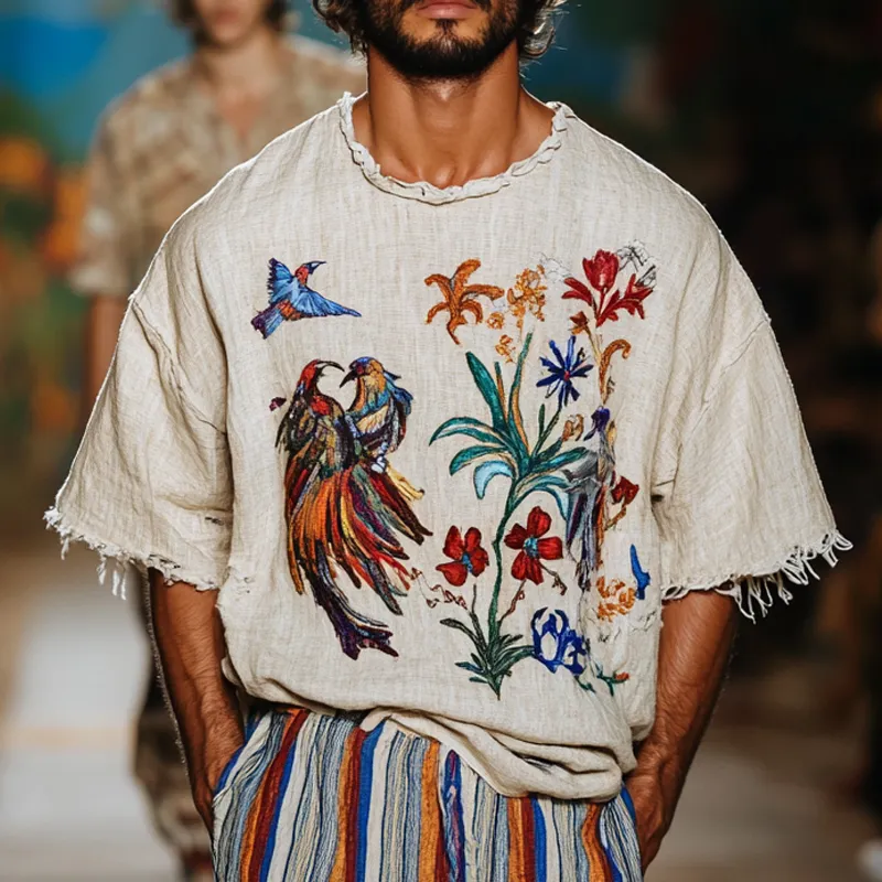 Men's Fashion Embroidered Round Neck Short Sleeve Cotton And Linen T-shirt MTA1478E7Z sold by Manly product image thumbnail 2