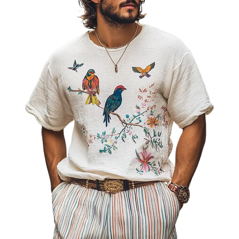 Men's Fashion Embroidered Round Neck Short Sleeve Cotton And Linen T-shirt MTA1448E7Z sold by Manly
