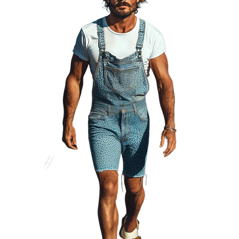 Men's Spring And Summer Fashion Personality Retro Western Cowboy Style Washed Denim Leopard Print Knee-length Overalls MTA1361E5K sold by Manly
