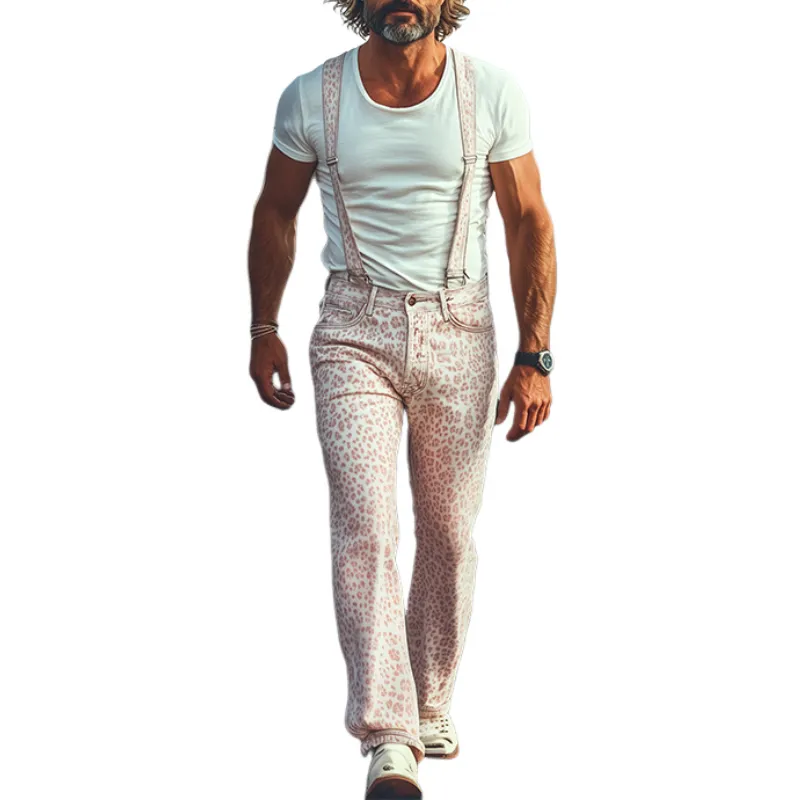 Men's Spring And Summer Fashion Personality Retro Western Cowboy Style Washed Denim Pink Leopard Print Overalls (detachable Straps) MTA1301E0K sold by Manly