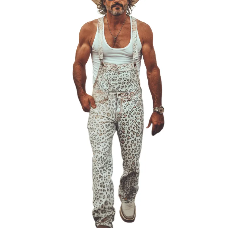 Men's Spring And Summer Fashion Personality Retro Distressed Western Cowboy Style Washed Denim Leopard Print Overalls MTA1351E0K sold by Manly