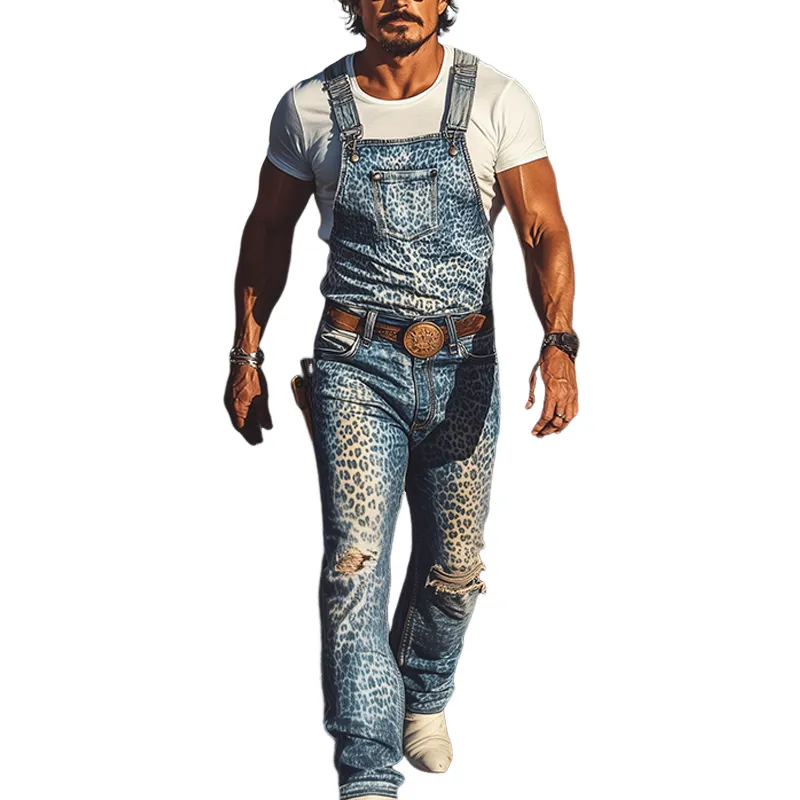 Men's Spring And Summer Fashion Personality Retro Western Cowboy Style Washed Denim Leopard Print Knee Hole Overalls (without Belt) MTA1366E3K sold by Manly