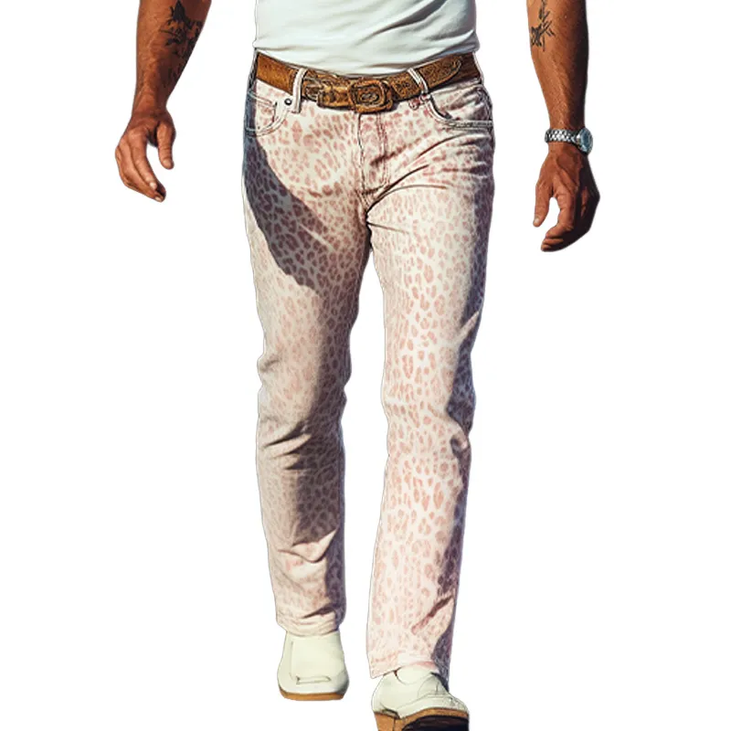 Men's Spring And Summer Fashion Retro Western Cowboy Style Washed Denim Pink Leopard Print Casual Pants MTA1363E7K sold by Manly