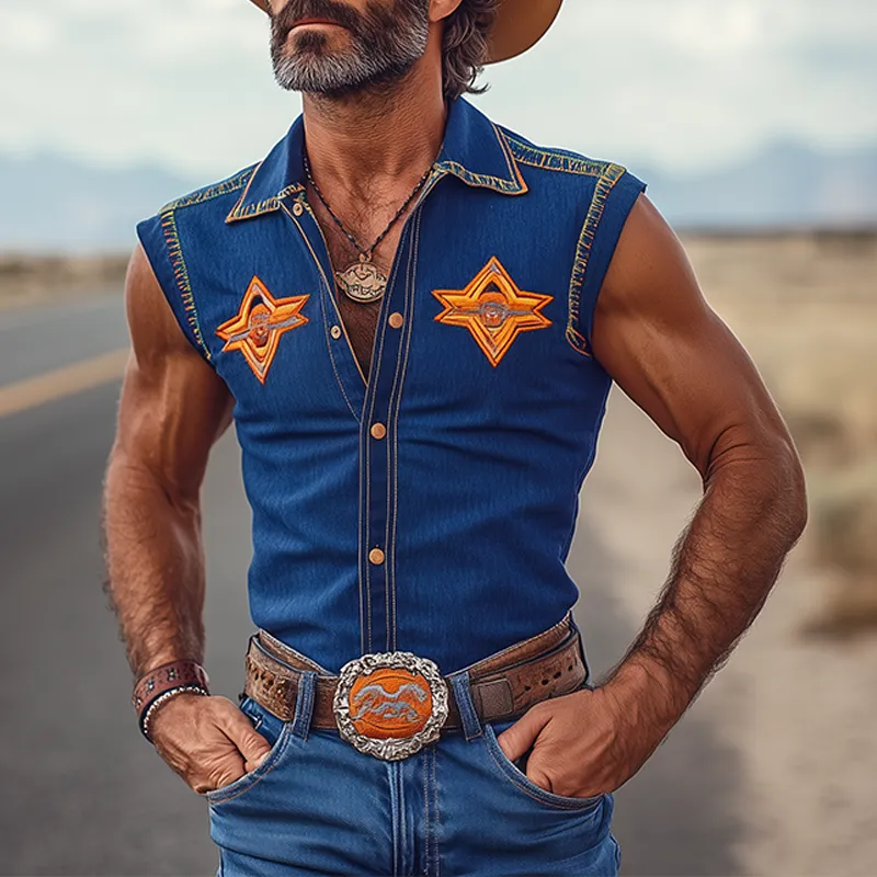 Men's Spring And Summer Fashion Retro Western Cowboy Style Tencel Denim Embroidery Metal Button Slim Sleeveless Shirt MTA1345E9K sold by Manly product image thumbnail 3