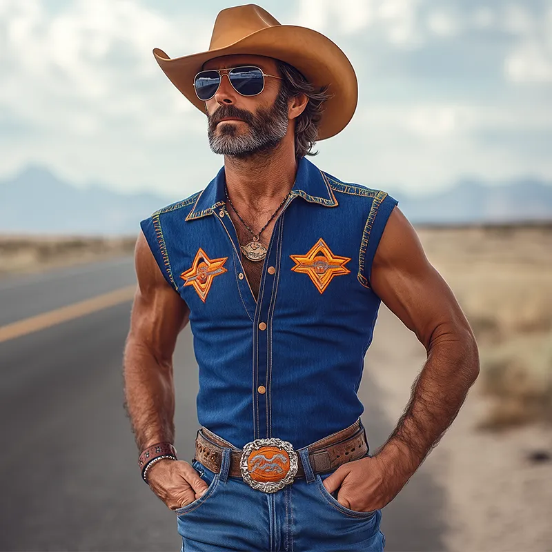 Men's Spring And Summer Fashion Retro Western Cowboy Style Tencel Denim Embroidery Metal Button Slim Sleeveless Shirt MTA1345E9K sold by Manly product image thumbnail 2