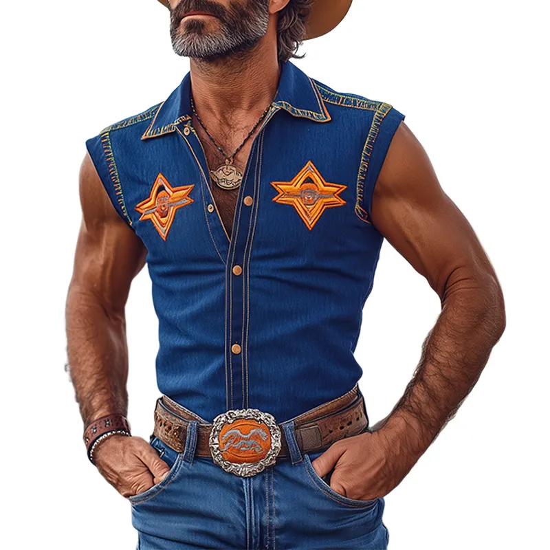 Men's Spring And Summer Fashion Retro Western Cowboy Style Tencel Denim Embroidery Metal Button Slim Sleeveless Shirt MTA1345E9K sold by Manly