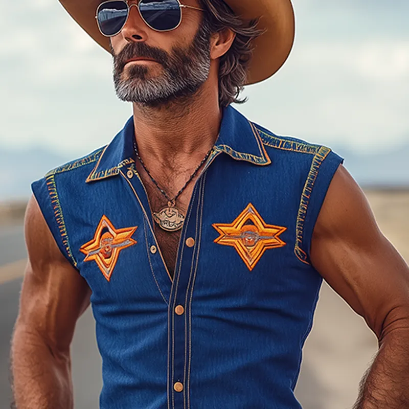 Men's Spring And Summer Fashion Retro Western Cowboy Style Tencel Denim Embroidery Metal Button Slim Sleeveless Shirt MTA1345E9K sold by Manly product image thumbnail 4