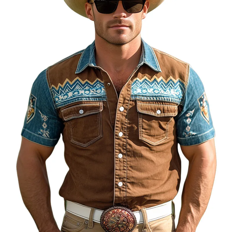 Men's Western Cowboy Style Vintage Printed Snap Button Denim Short Sleeve Shirt MTA1291E3U sold by Manly