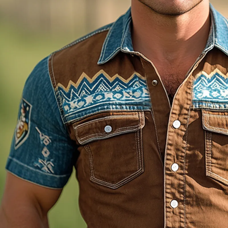 Men's Western Cowboy Style Vintage Printed Snap Button Denim Short Sleeve Shirt MTA1291E3U sold by Manly product image thumbnail 4