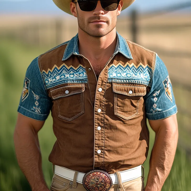 Men's Western Cowboy Style Vintage Printed Snap Button Denim Short Sleeve Shirt MTA1291E3U sold by Manly product image thumbnail 2