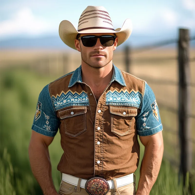 Men's Western Cowboy Style Vintage Printed Snap Button Denim Short Sleeve Shirt MTA1291E3U sold by Manly product image thumbnail 3