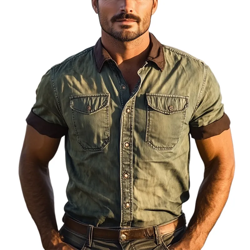 Men's Western Cowboy Style Vintage Color Block Denim Short Sleeve Shirt MTA1307E2U sold by Manly