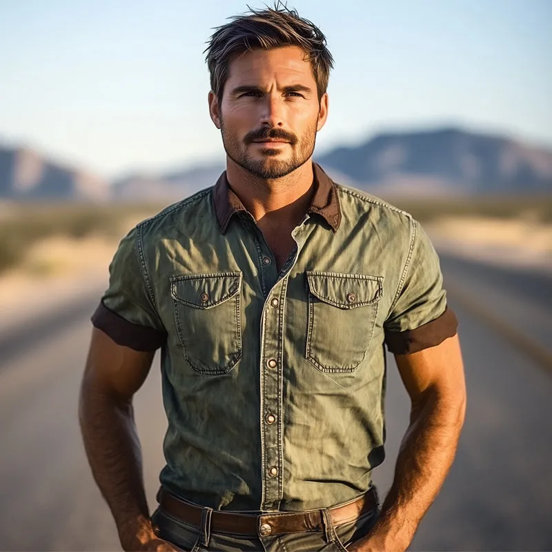 Men's Western Cowboy Style Vintage Color Block Denim Short Sleeve Shirt MTA1307E2U sold by Manly product image thumbnail 3