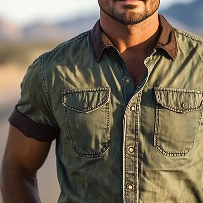 Men's Western Cowboy Style Vintage Color Block Denim Short Sleeve Shirt MTA1307E2U sold by Manly product image thumbnail 4