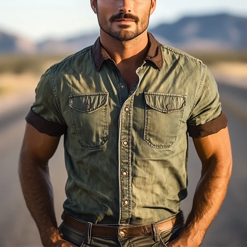 Men's Western Cowboy Style Vintage Color Block Denim Short Sleeve Shirt MTA1307E2U sold by Manly product image thumbnail 2