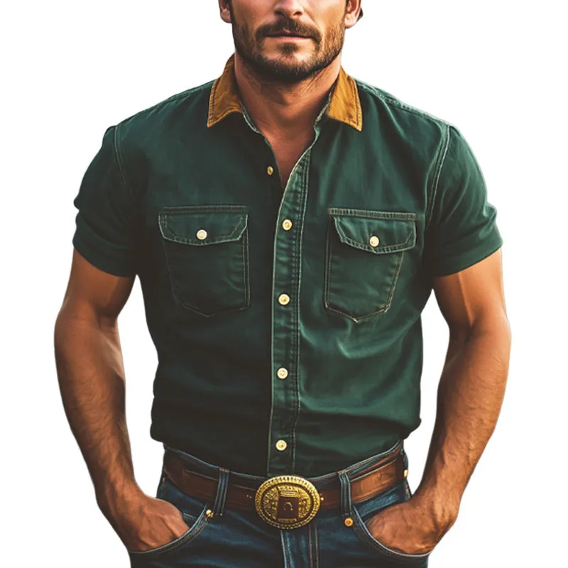 Men's Summer Western Cowboy Style Color Block Denim Short Sleeve Shirt MTA1383E0U sold by Manly
