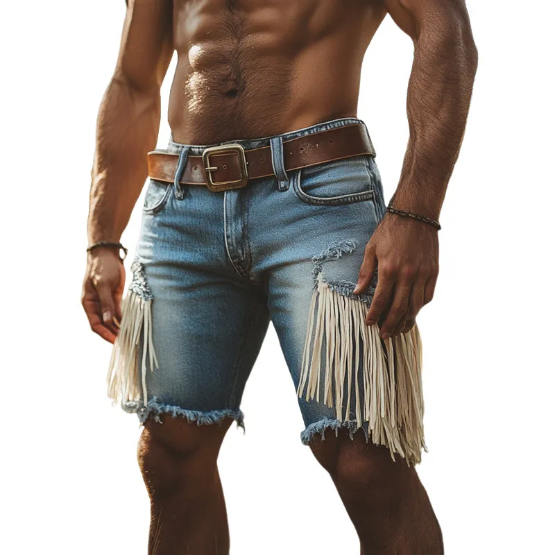 Men's Summer Western Cowboy Style Tassel Denim Shorts MTA1288E0U sold by Manly