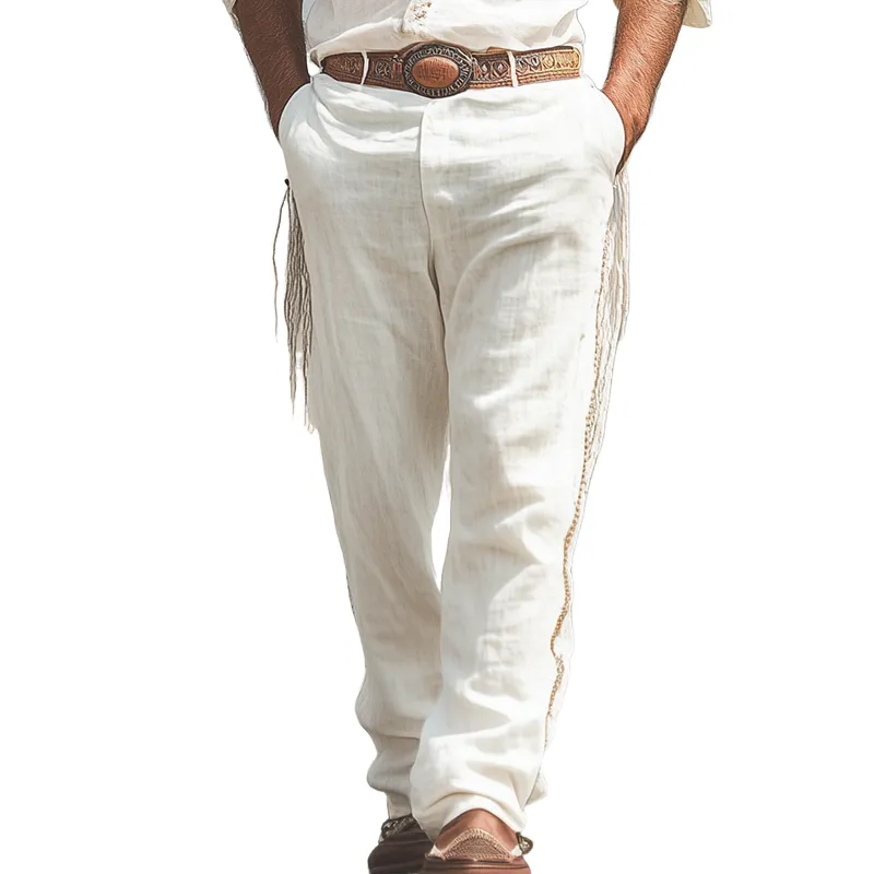 Men's Spring And Summer Fashion Western Cowboy Style Cotton And Linen Side Stitching Webbing And Tassel Loose Casual Pants MTA1677E9K sold by Manly