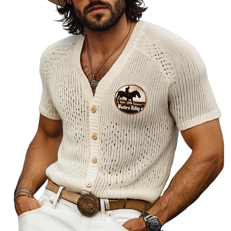 Men's Spring And Summer Fashion Casual Western Cowboy Style Thin Knitted Embroidered Short-sleeved Shirt MTA1599E8K sold by Manly