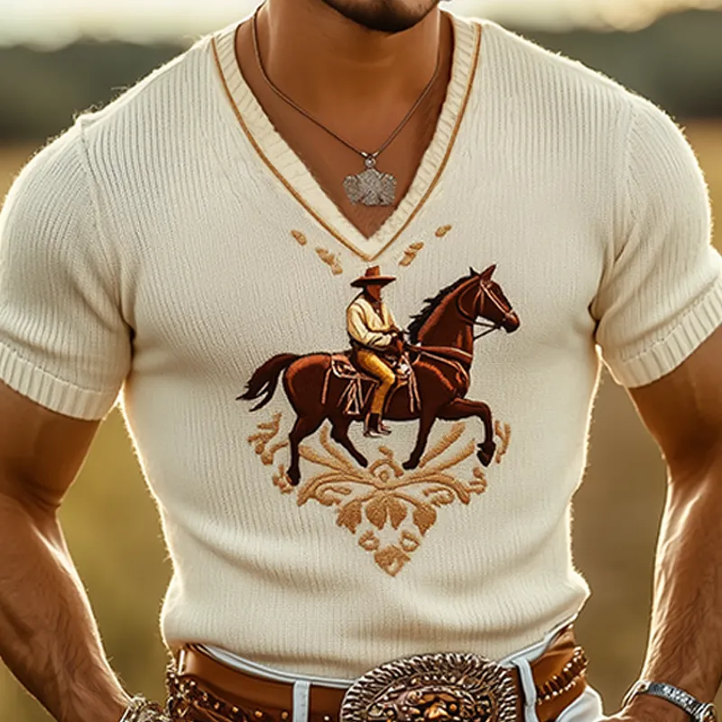 Men's Spring And Summer Fashion Casual Western Cowboy Style Thin V-neck Knitted Embroidered Short-sleeved T-shirt MTA1541E3K sold by Manly product image thumbnail 4