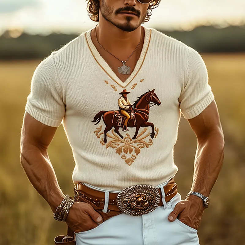 Men's Spring And Summer Fashion Casual Western Cowboy Style Thin V-neck Knitted Embroidered Short-sleeved T-shirt MTA1541E3K sold by Manly product image thumbnail 3