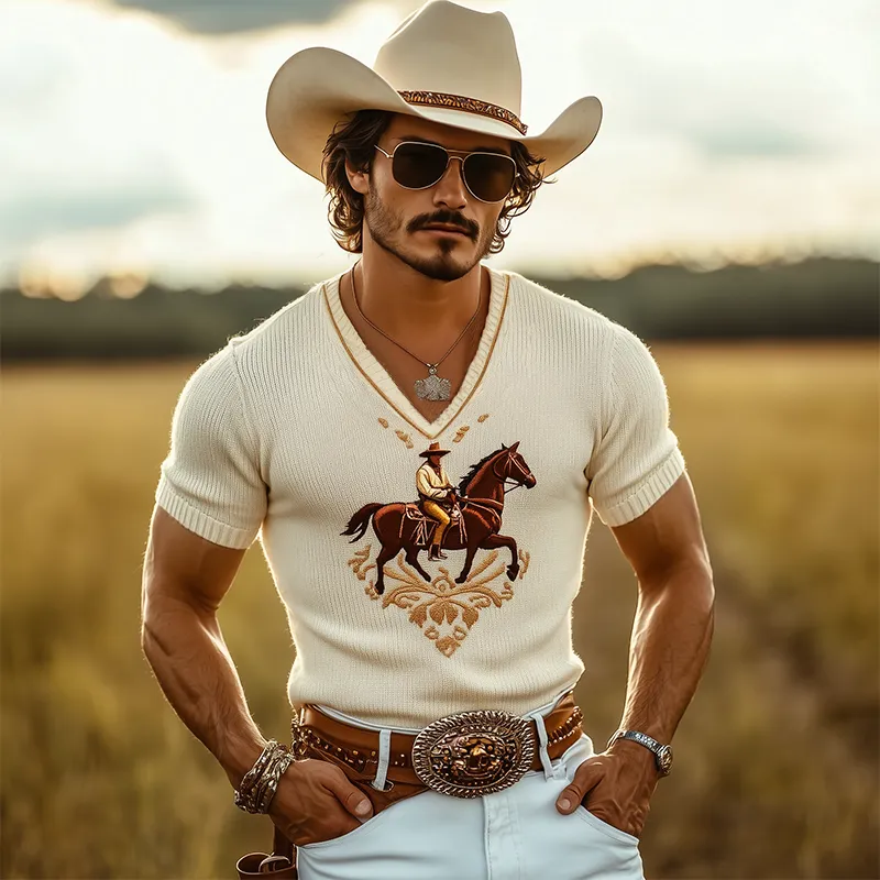 Men's Spring And Summer Fashion Casual Western Cowboy Style Thin V-neck Knitted Embroidered Short-sleeved T-shirt MTA1541E3K sold by Manly product image thumbnail 2