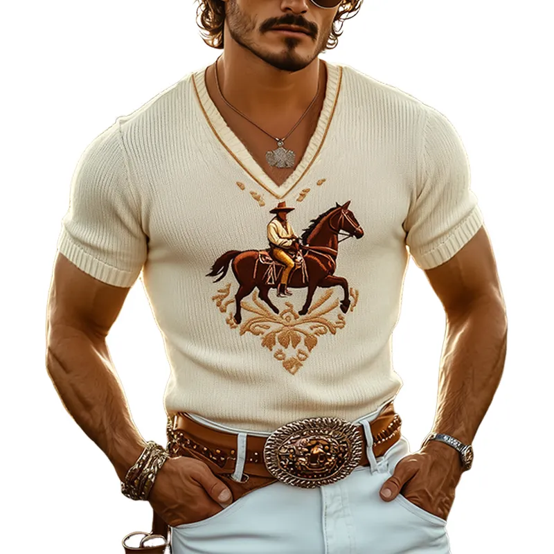 Men's Spring And Summer Fashion Casual Western Cowboy Style Thin V-neck Knitted Embroidered Short-sleeved T-shirt MTA1541E3K sold by Manly