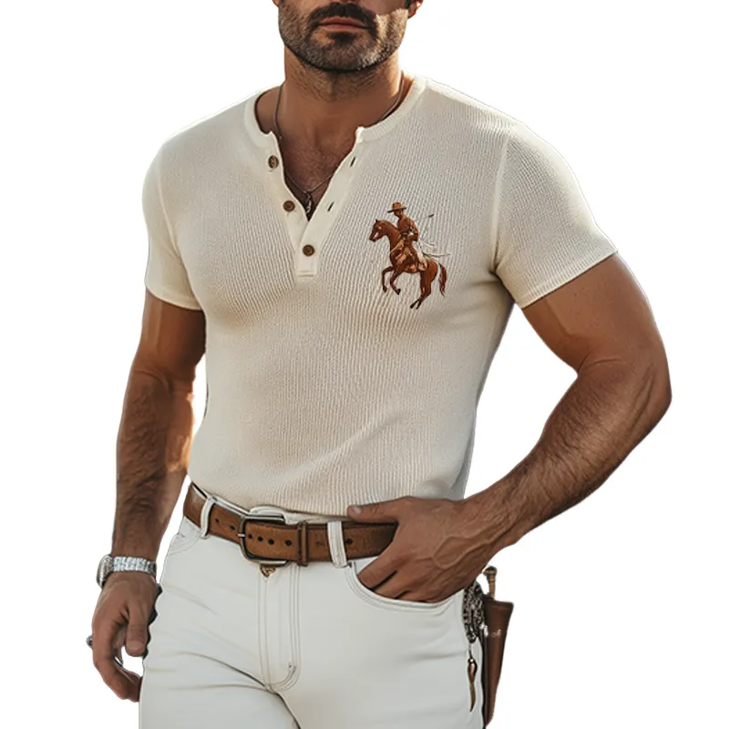 Men's Spring And Summer Fashion Casual Western Cowboy Style Henry Collar Slim Thin Knitted Embroidery Short Sleeve T-shirt MTA1559E4K made by Manly