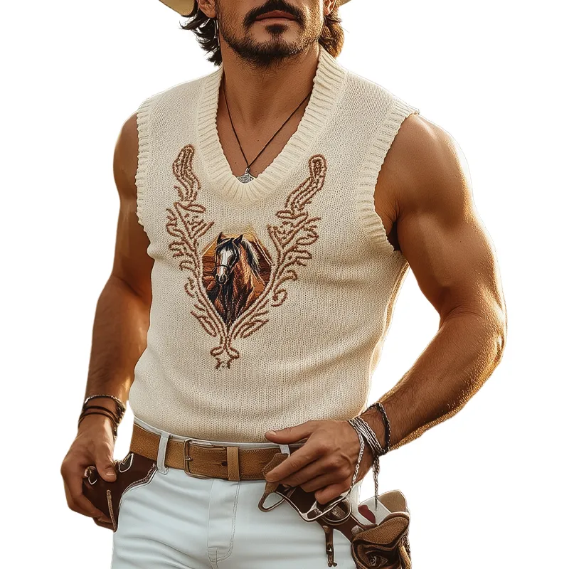 Men's Spring And Summer Fashion Casual Western Cowboy Style V-neck Slim Fit Thin Knitted Embroidered Jacquard Tank Top MTA1556E6K sold by Manly