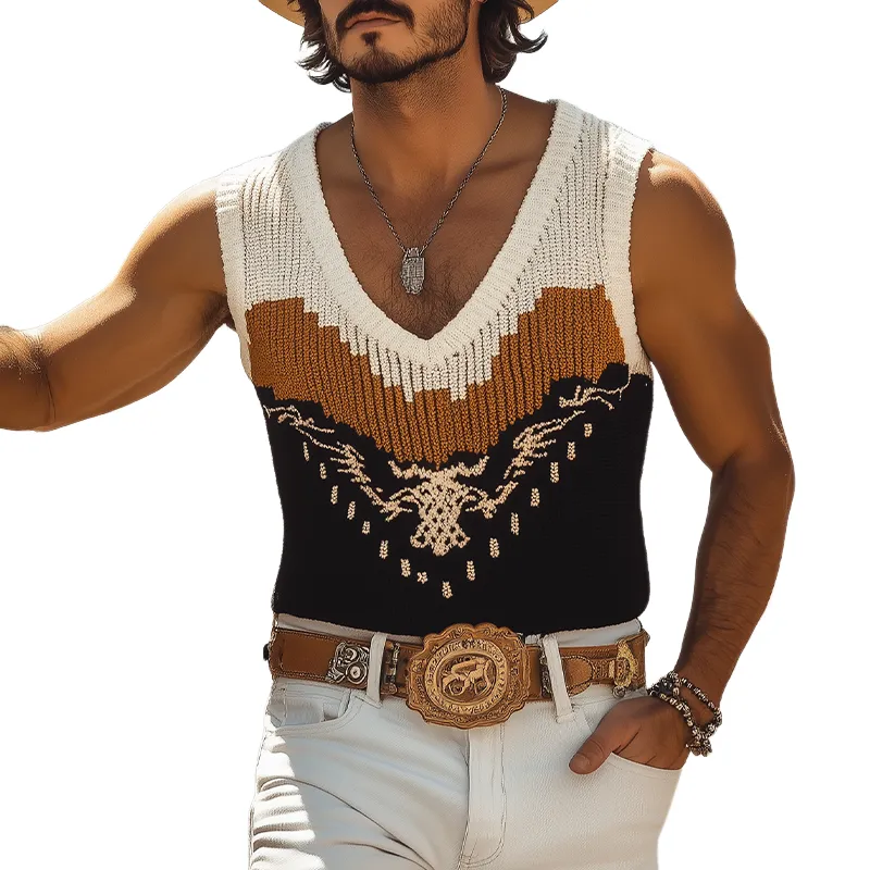 Men's Spring And Summer Fashion Casual Western Cowboy Style V-neck Slim Fit Knitted Contrast Jacquard Tank Top MTA1534E5K sold by Manly
