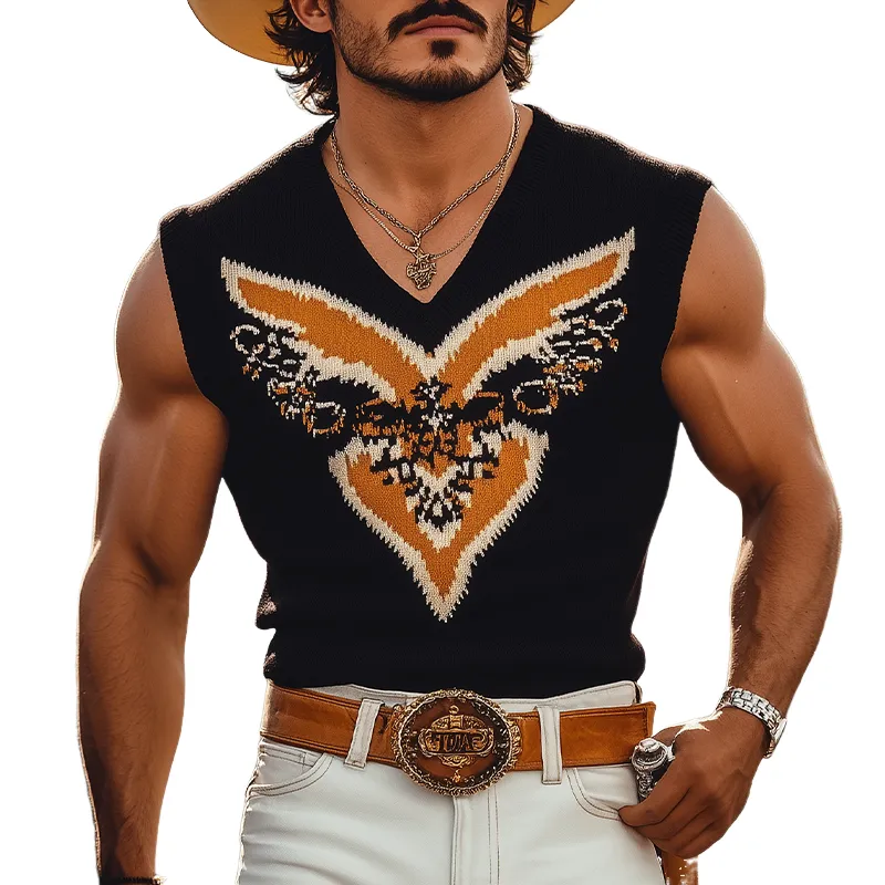 Men's Spring And Summer Fashion Casual Western Cowboy Style V-neck Slim Thin Knitted Contrast Jacquard Tank Top MTA1523E6K sold by Manly