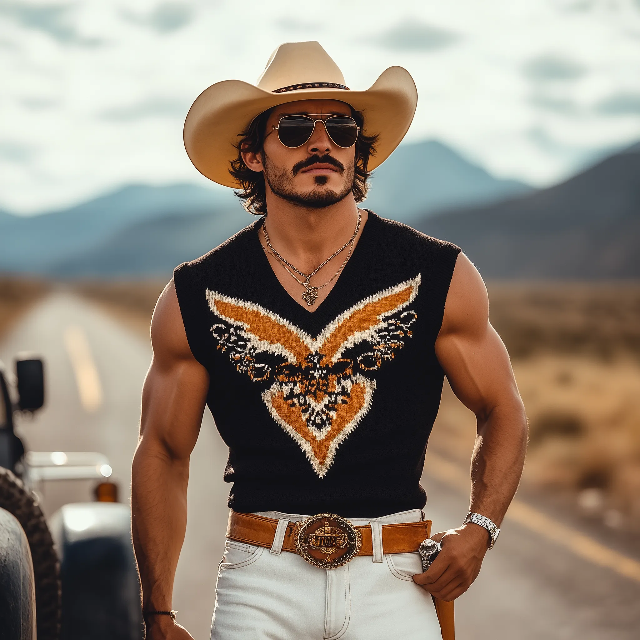 Men's Spring And Summer Fashion Casual Western Cowboy Style V-neck Slim Thin Knitted Contrast Jacquard Tank Top MTA1523E6K sold by Manly product image thumbnail 2