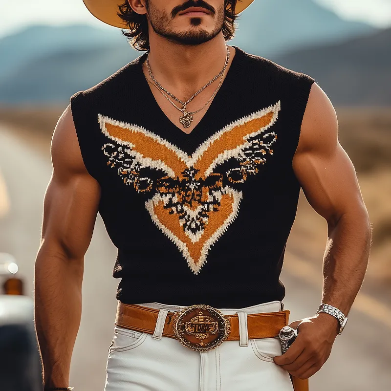 Men's Spring And Summer Fashion Casual Western Cowboy Style V-neck Slim Thin Knitted Contrast Jacquard Tank Top MTA1523E6K sold by Manly product image thumbnail 3