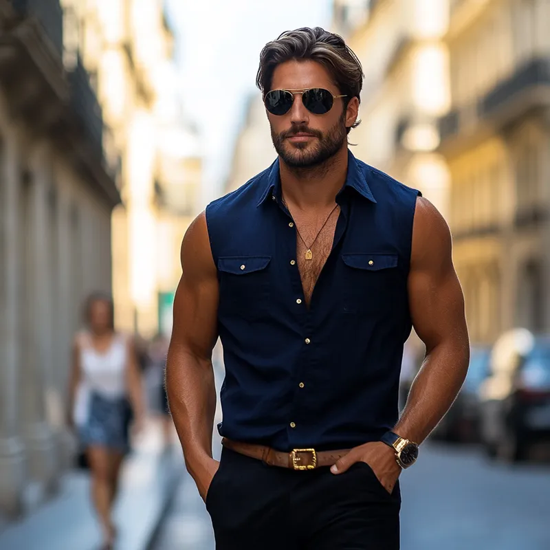 Men's Fashion Solid Lapel Sleeveless Flap Pocket Tank Top MTA1650E4Z sold by Manly product image thumbnail 4