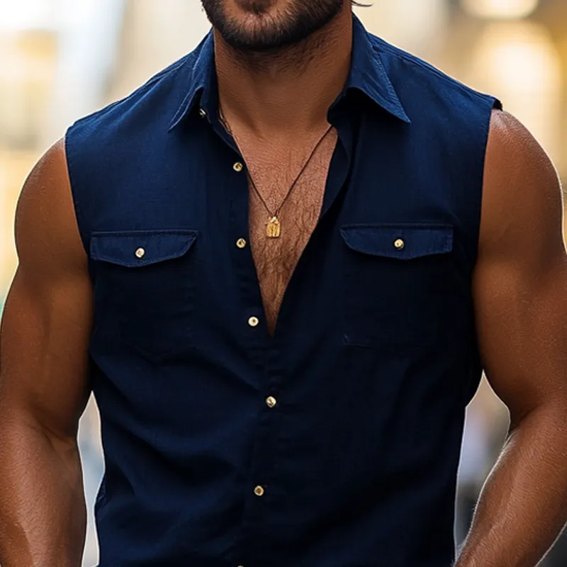 Men's Fashion Solid Lapel Sleeveless Flap Pocket Tank Top MTA1650E4Z sold by Manly product image thumbnail 3