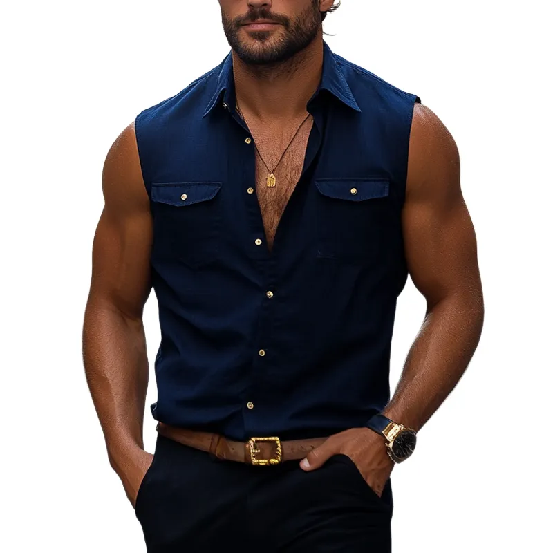 Men's Fashion Solid Lapel Sleeveless Flap Pocket Tank Top MTA1650E4Z sold by Manly