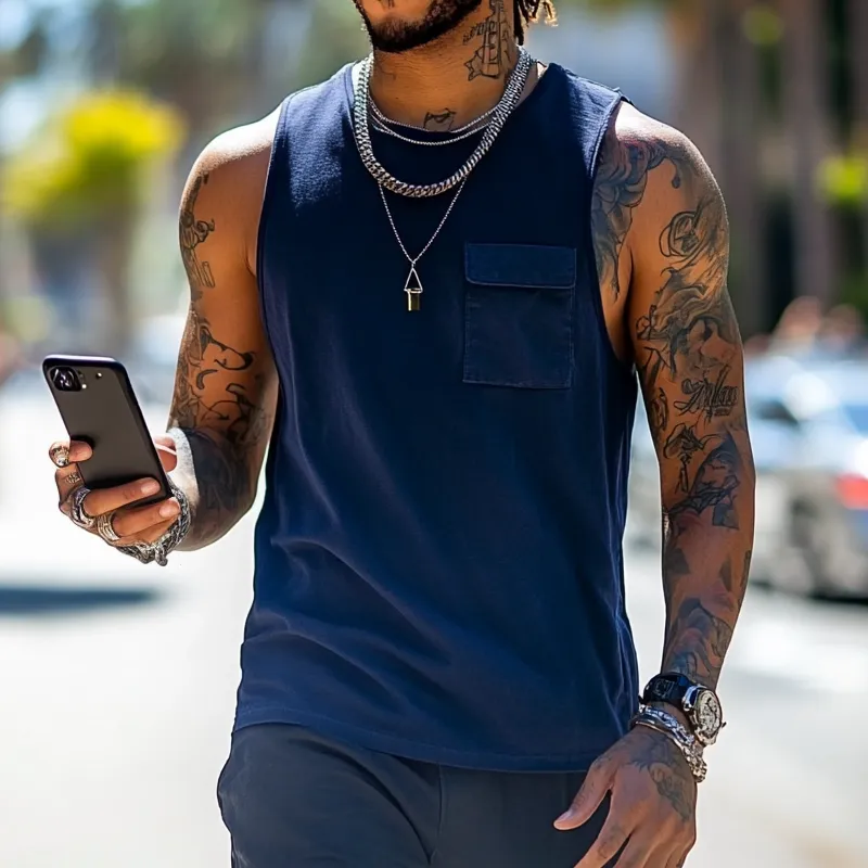 Men's Fashion Round Neck Sleeveless Flap Pocket Tank Top MTA1623E6Z sold by Manly product image thumbnail 2